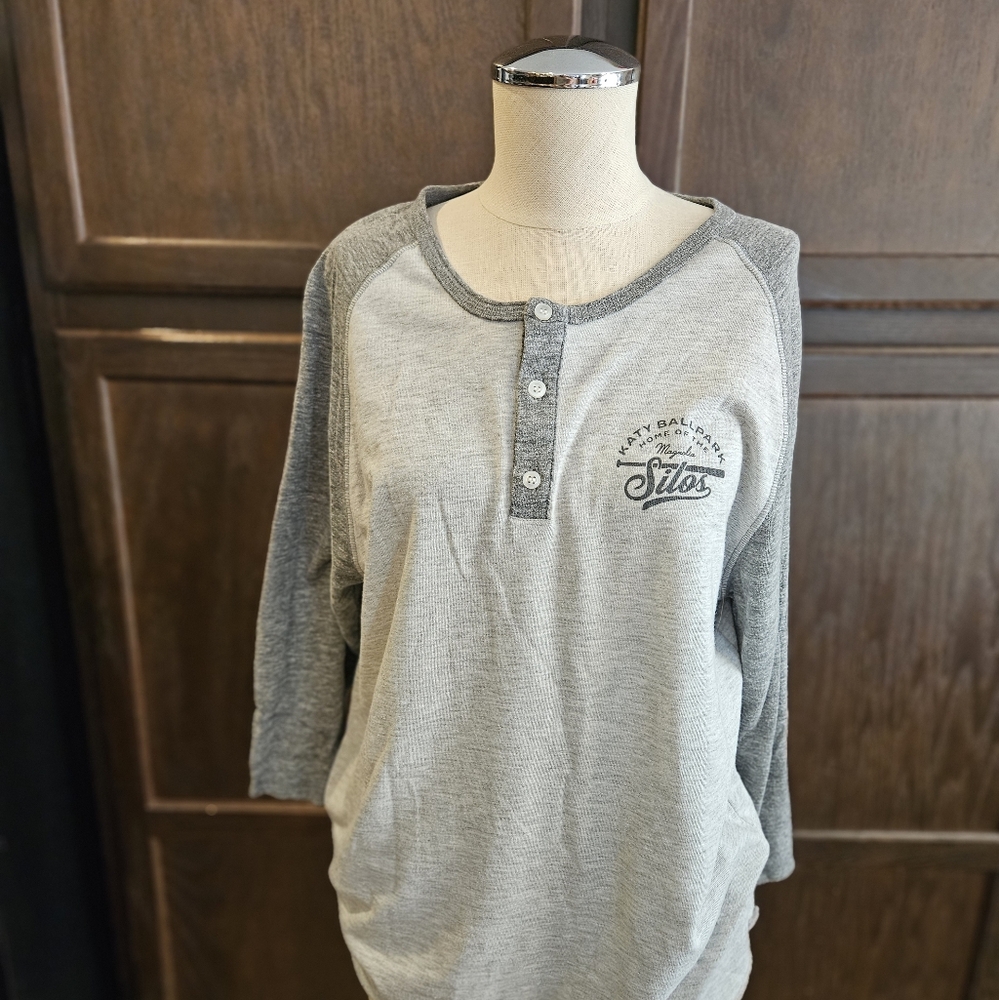Gray Raglan Sleeve Henley Shirt From MAGNOLIA SILOS